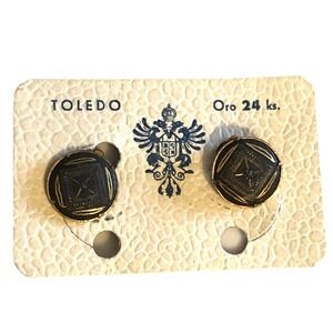 VINTAGE Damasquinado Toledo Pierced Earrings Flower Spain Gold 24K Oro on Card